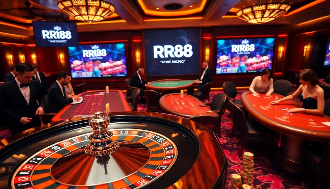 RR88 gaming scene featuring a luxurious roulette wheel and excited players at tables.