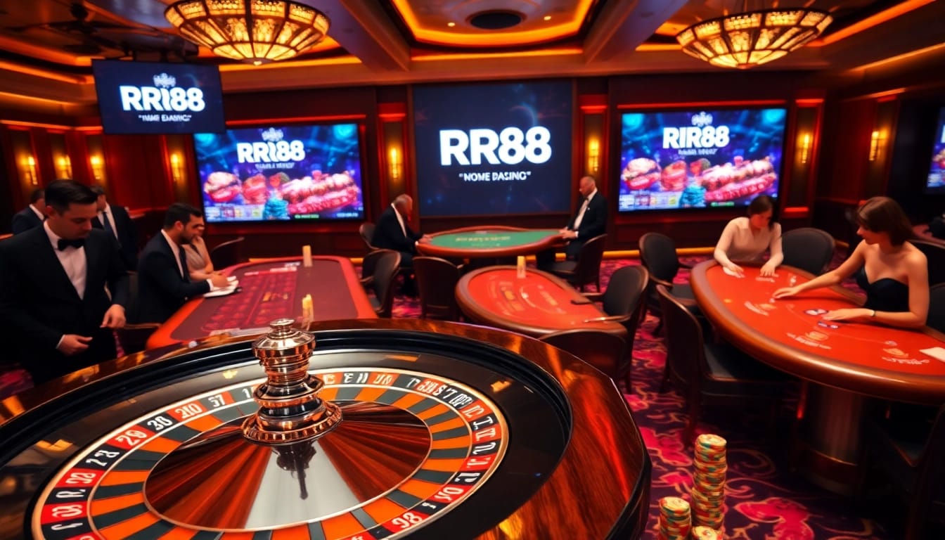 RR88 gaming scene featuring a luxurious roulette wheel and excited players at tables.