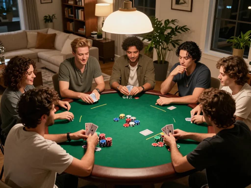 Friends playing poker at home showcasing strategies while discussing m110 betting tactics.