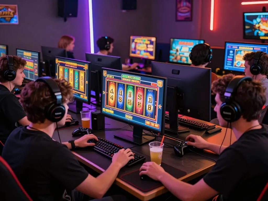 Players engaged in kerajaanslot online gaming with colorful slot reels in a vibrant gaming room.