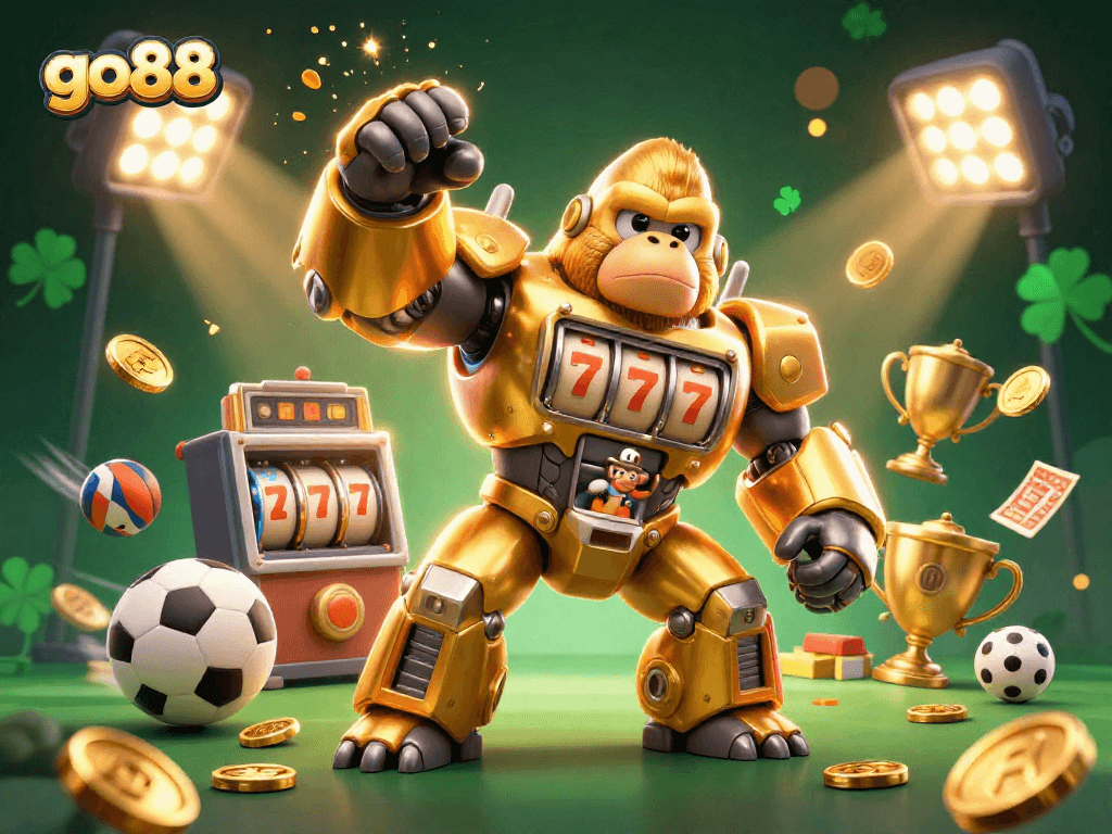 Engage with go88's thrilling gaming experience featuring a dynamic 3D gorilla mech and sports elements.