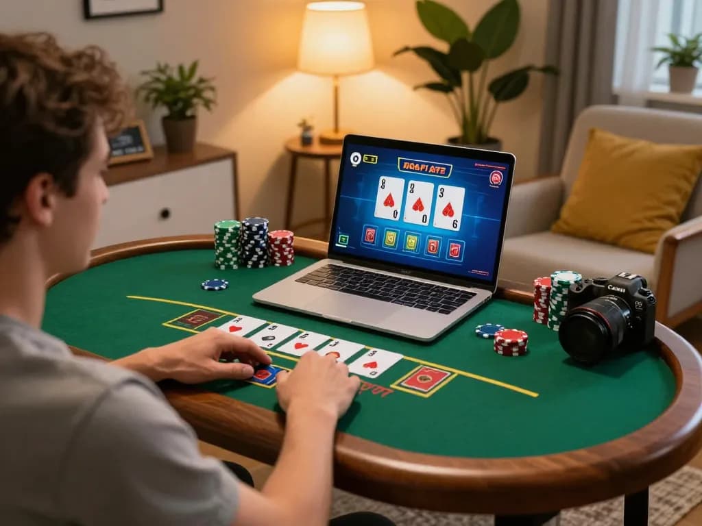 Engaged player at home enjoying blackjack on okfun laptop with vibrant decor
