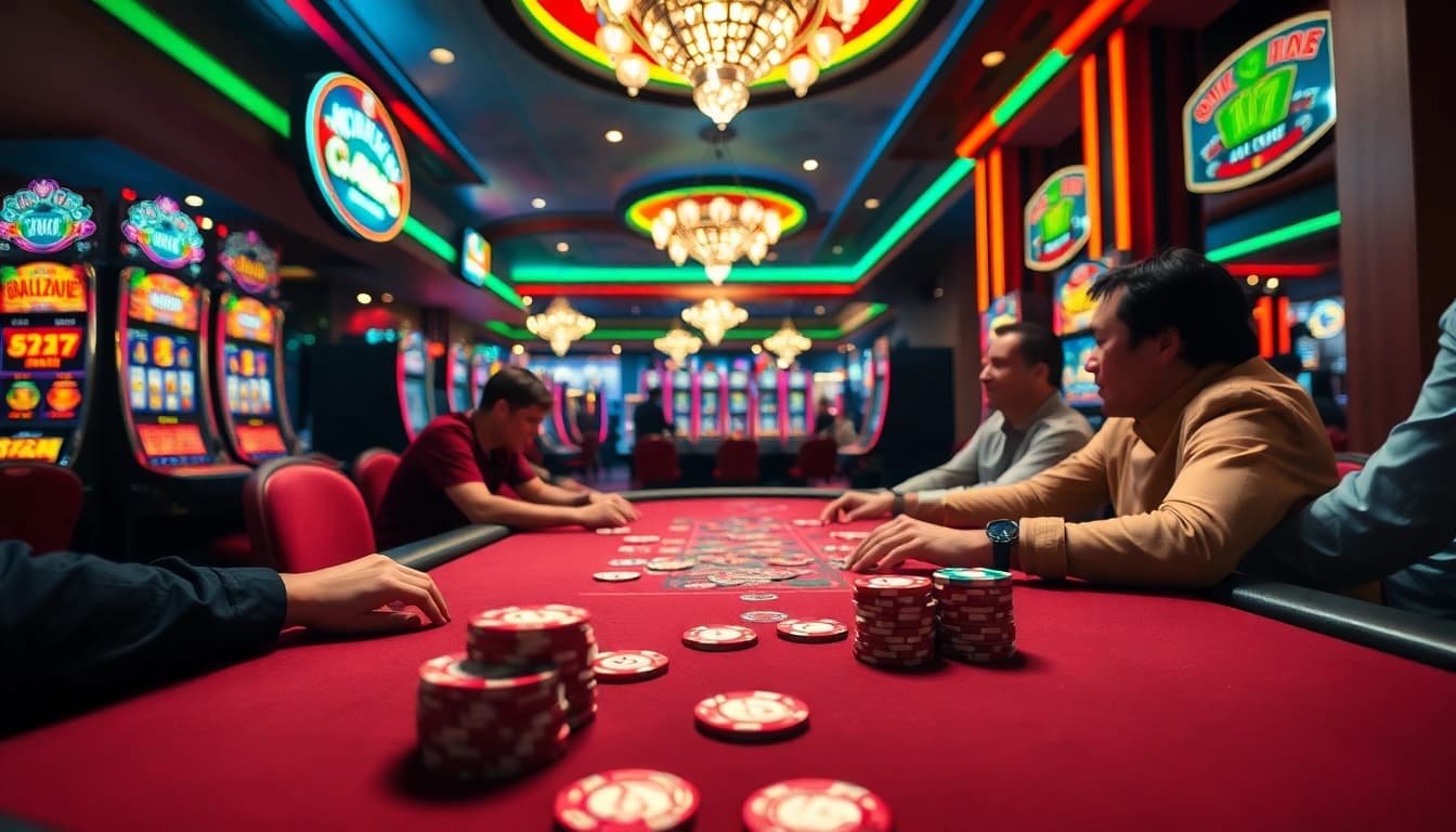 Mainkan xgslot88 di meja poker dengan suasana kasino yang cerah.