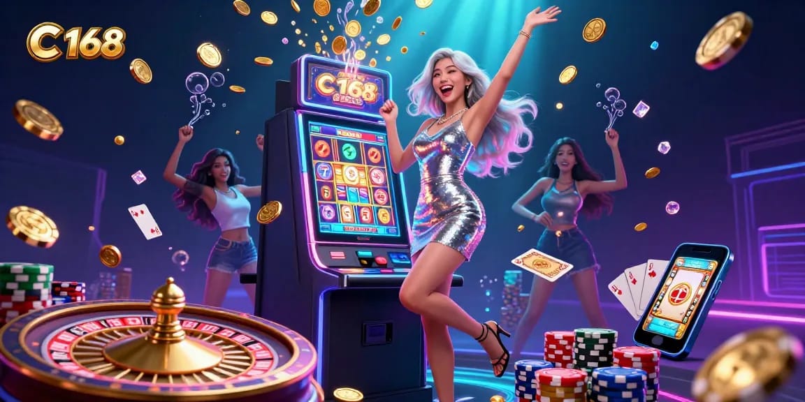 C 168 jackpot celebration with a joyful Asian woman at a slot machine amidst cascading coins and neon lights.