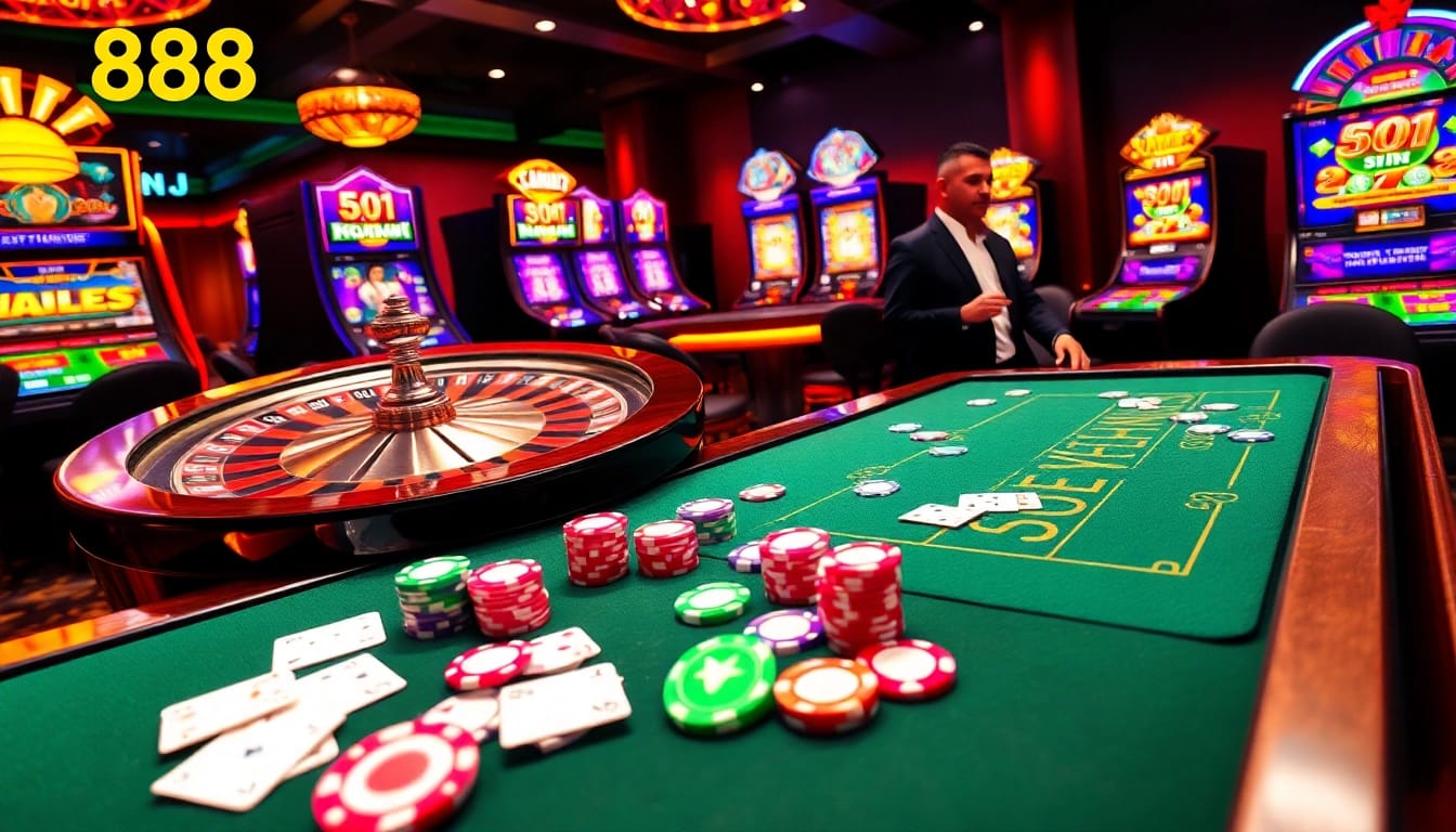 Experience energetic gaming at u888 with vibrant casino tables and slot machines.