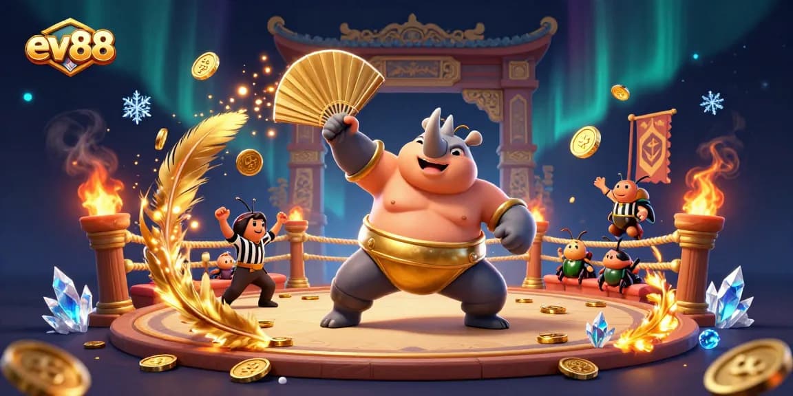 Experience the excitement of ev88 with a dynamic illustration featuring a golden beetle champion and captivating gambling elements.