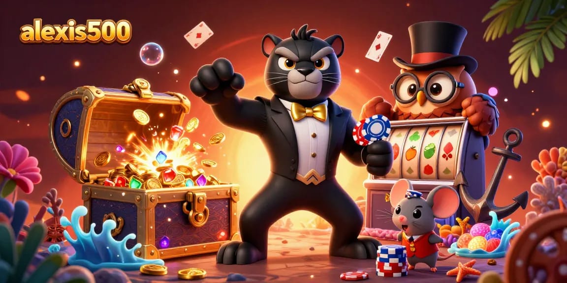 Spin reels at alexis500 with a stylish panther in tuxedo and owl dealing poker chips.