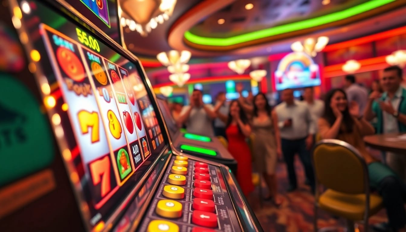 Menangkan di situs slot, mesin slot berwarna-warni dengan simbol cerah di kasino yang ramai.