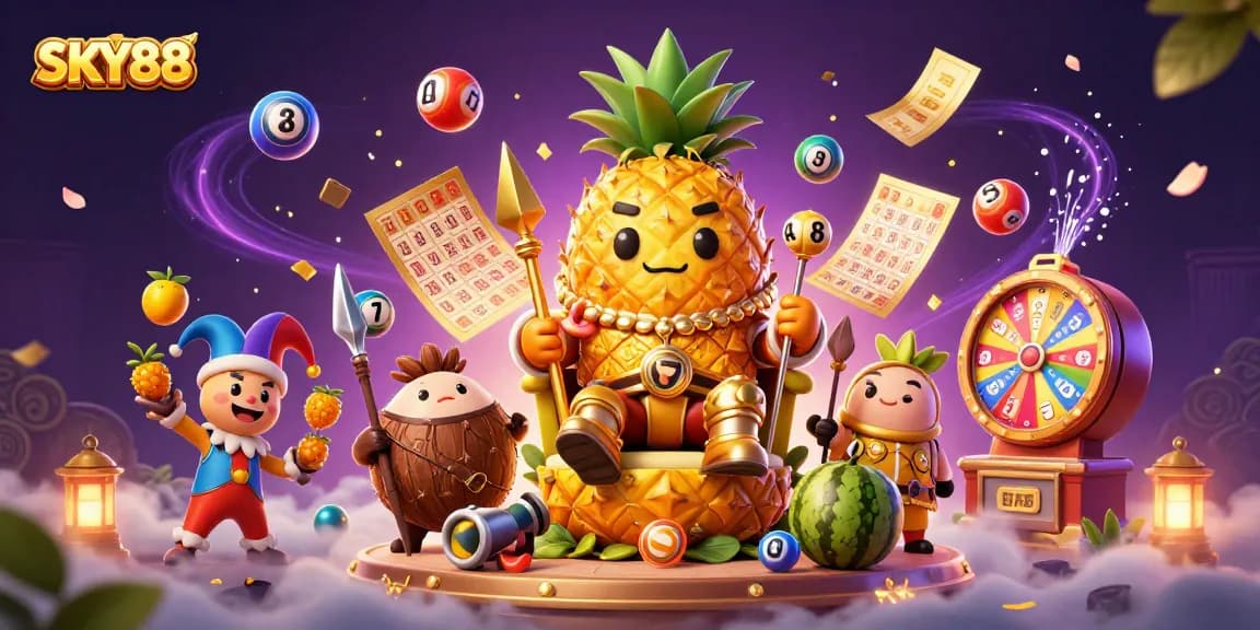 Engage with SKY88's vibrant lottery beach scene featuring a pineapple king and dynamic game elements.