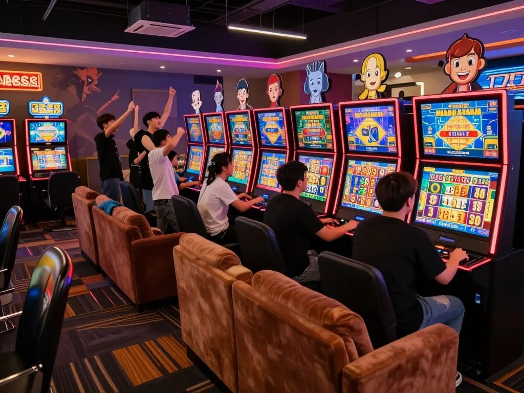 Engaged players celebrating a win on kerajaanslot in a vibrant online gaming lounge atmosphere.