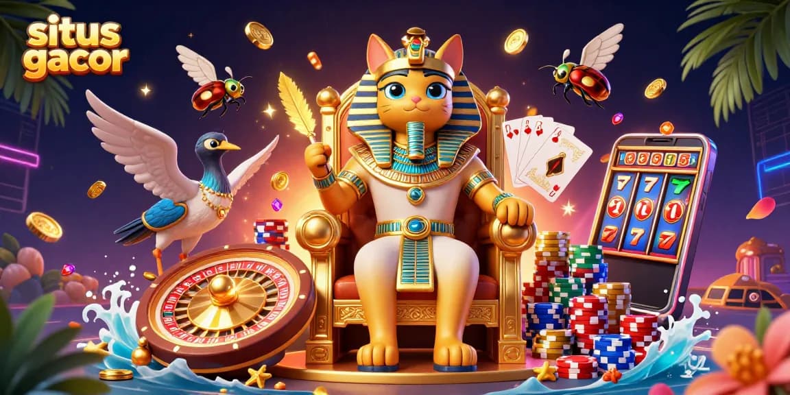 Experience the excitement of situs gacor with a vibrant 3D casino illustration showcasing lively characters and game elements.