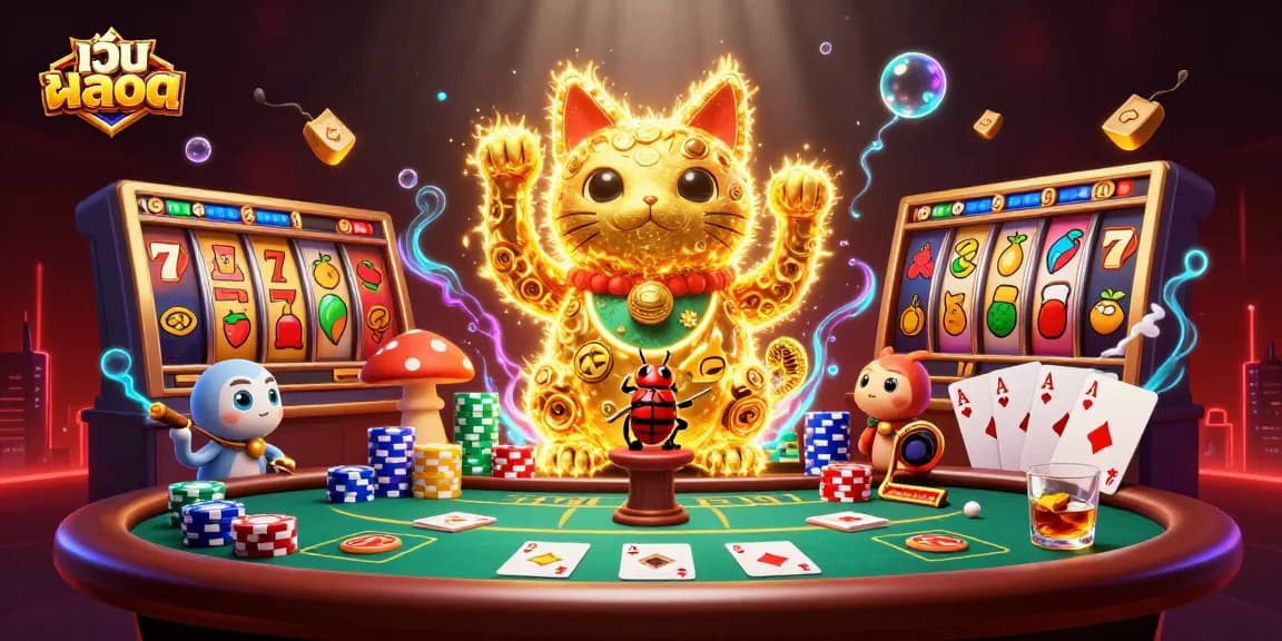 Experience เว็บสล็อต with a 3D lucky cat formed by golden fireflies, surrounded by vibrant casino elements.