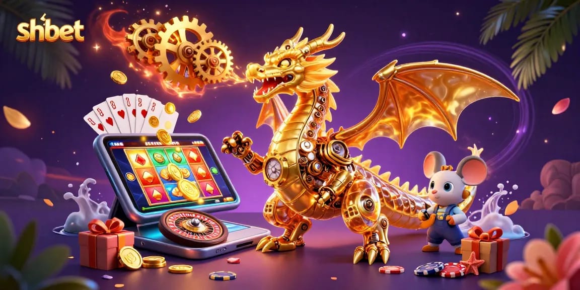 Engage with shbet's thrilling games showcased in stunning 3D illustration featuring a golden dragon.