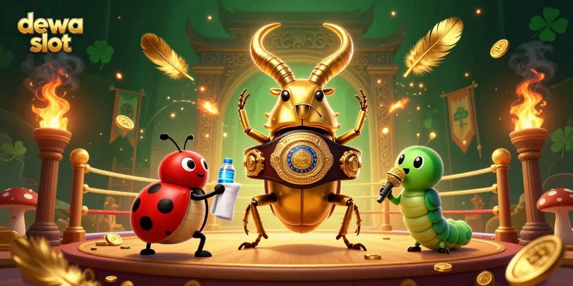Mengalami permainan dewa slot dengan ilustrasi 3D yang penuh warna dan aksi, menampilkan karakter menonjol berlatih dalam arena.