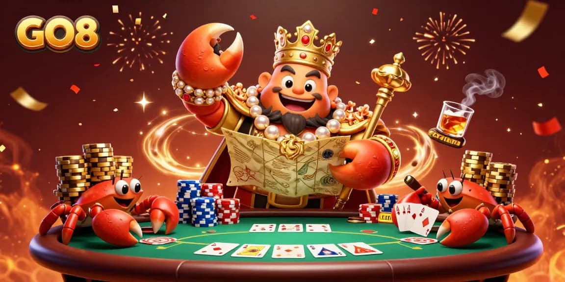 Join the GO8 online casino experience with a vibrant scene of a golden crab emperor amidst poker action.