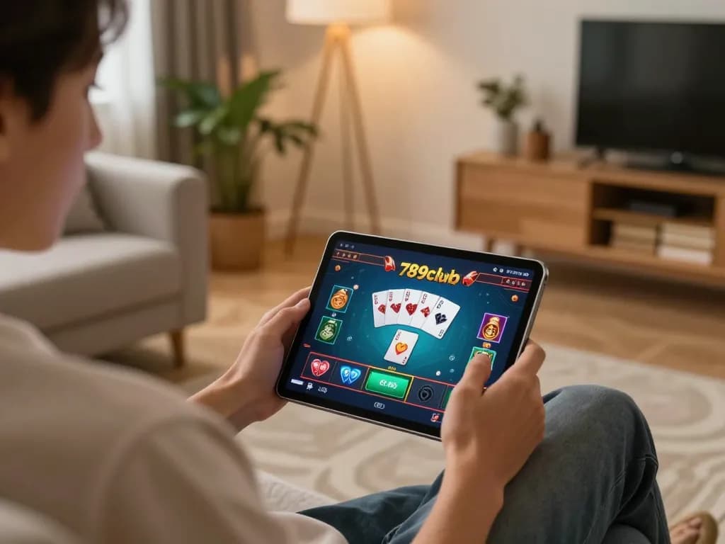 Player enjoying a strategic session on 789club with visible gaming interface in a cozy home setup