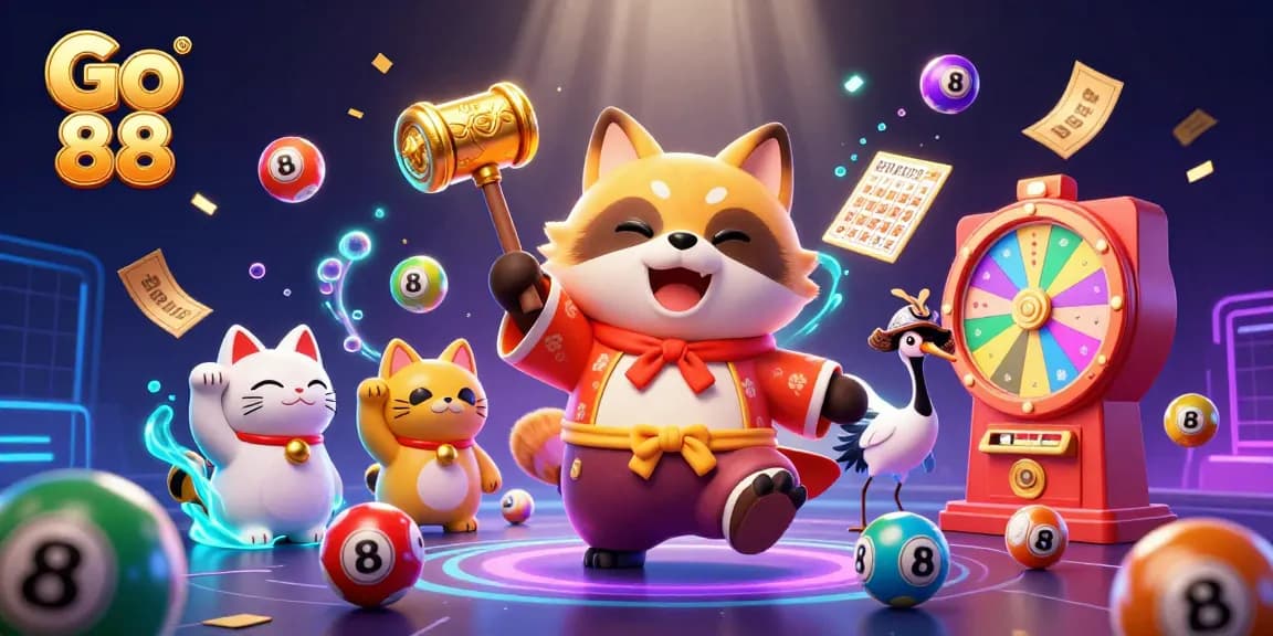 Engage with Go 88's vibrant online casino experience featuring cheerful characters and festive elements.