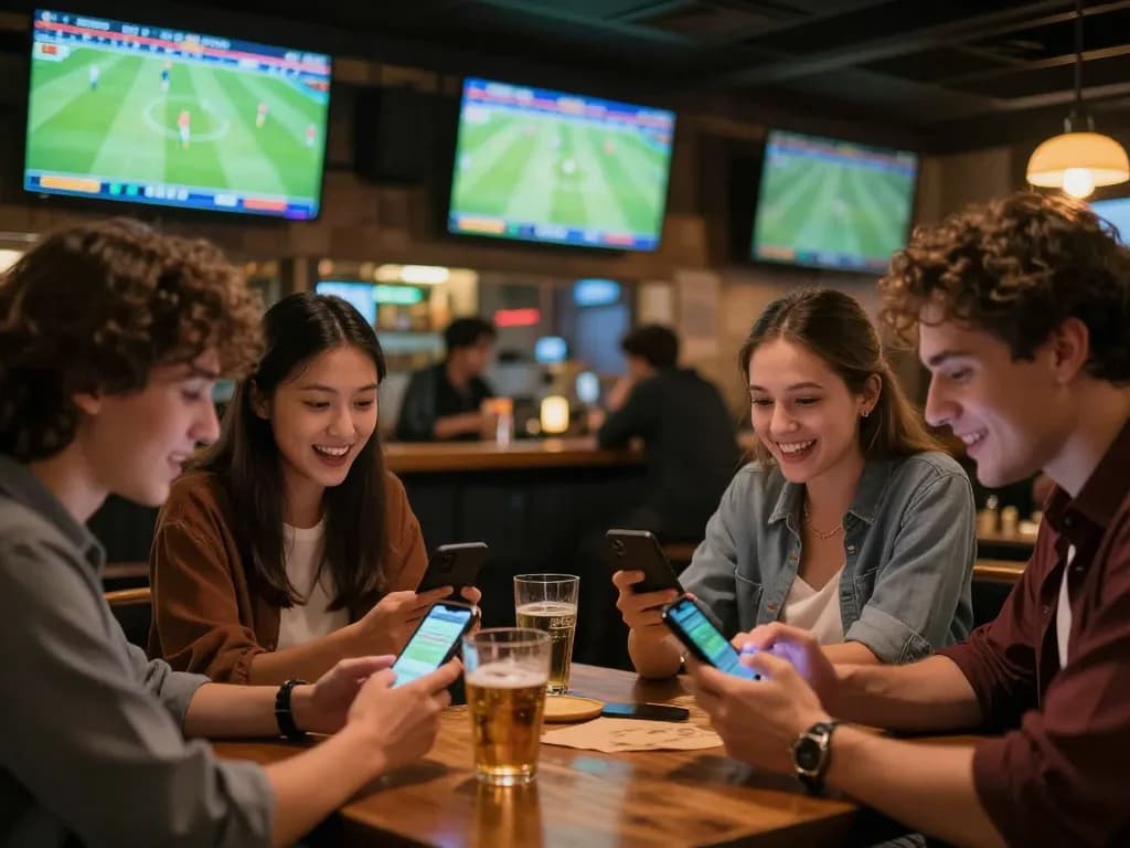 Kèo bóng đá hôm nay in action as friends celebrate their winning bets in a vibrant sports bar atmosphere.