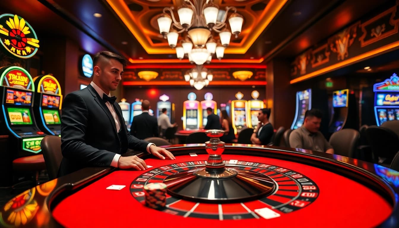 Engaging MK8 casino scene with a dealer and vibrant roulette table, showcasing thrilling gambling excitement.