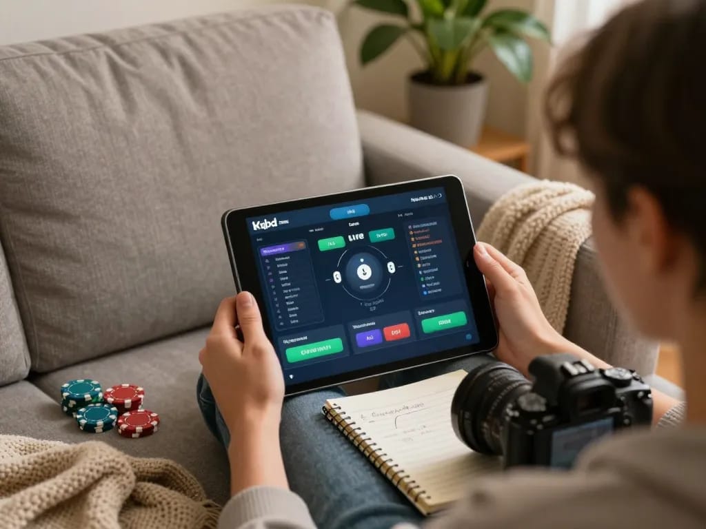Person engaged in kqbd online gaming, illustrating strategic betting notes with cozy atmosphere.