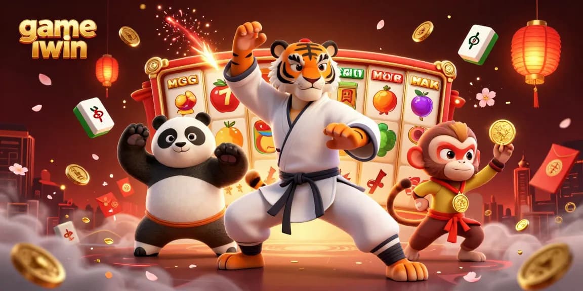 Engaging illustration of game iwin featuring vibrant slot machines with fruit symbols and dynamic characters.