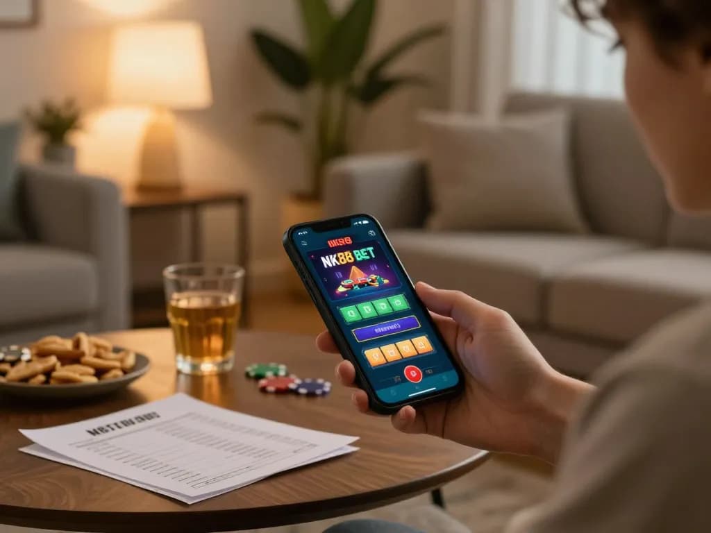 Enjoying NK88 BET online gaming on a smartphone in a cozy home environment.