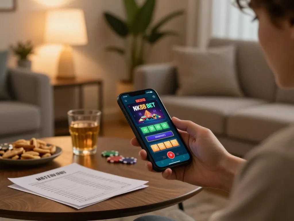 Enjoying NK88 BET online gaming on a smartphone in a cozy home environment.