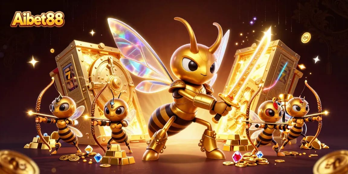 Aibet88 showcases vibrant slots action with a golden hornet warrior amidst dazzling treasures.