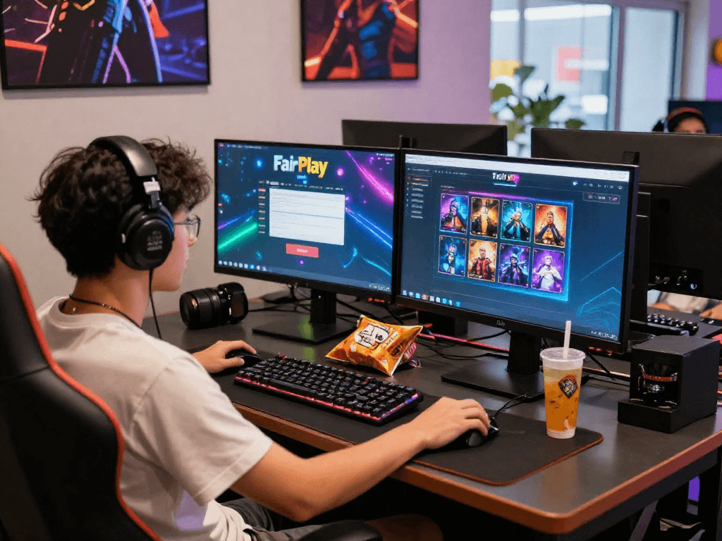 Engaging FairPlay login gaming setup with vibrant colorful lights and dual monitors
