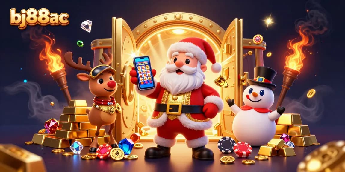 Join the festive fun at bj88ac with Santa and friends in a vibrant casino atmosphere filled with jackpots and treasures.