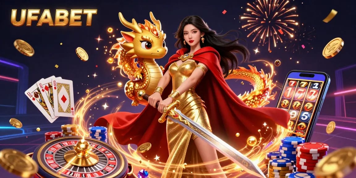 Engage with the exciting UFABET casino scene featuring a warrior queen and golden dragon amidst dynamic game elements
