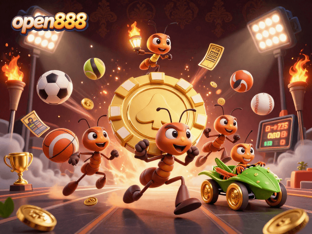 Open888 graphic showcasing an exciting heist with ants and sports elements in a cartoon casino setting