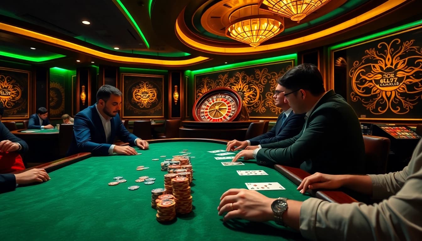 Players engaging in high-stakes poker at the 6L777 CLUB, showcasing excitement and luxury in casino ambiance.