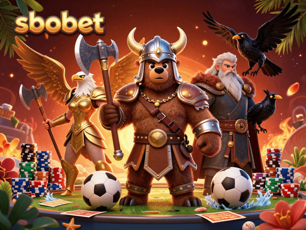 SboBet sports betting scene featuring a Viking bear, Valkyrie eagle, and poker elements in a vibrant illustration.