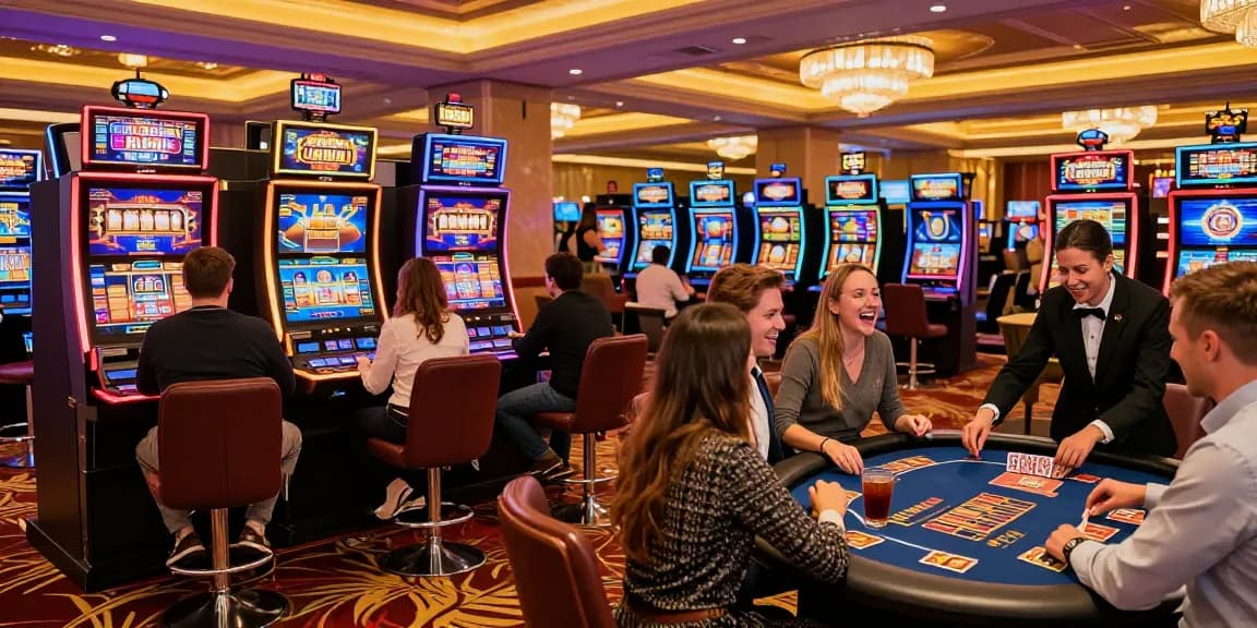 Engaged players enjoying Casino Bonus ohne Einzahlung: Slots and Live Casino Games in a vibrant casino atmosphere.