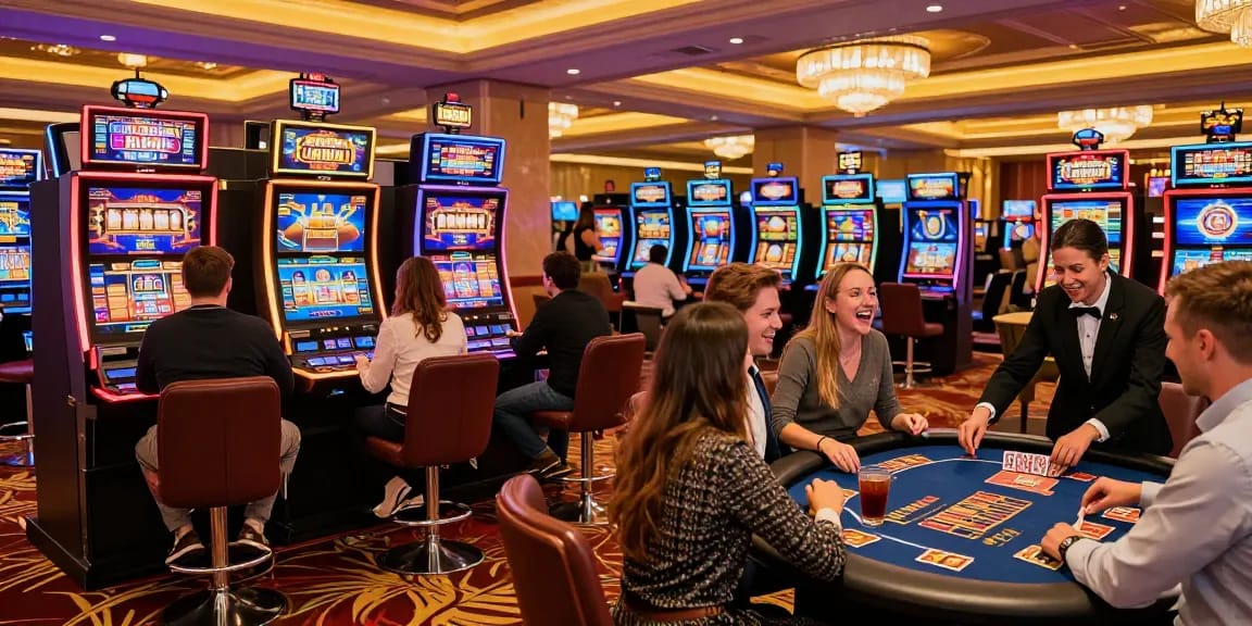 Engaged players enjoying Casino Bonus ohne Einzahlung: Slots and Live Casino Games in a vibrant casino atmosphere.