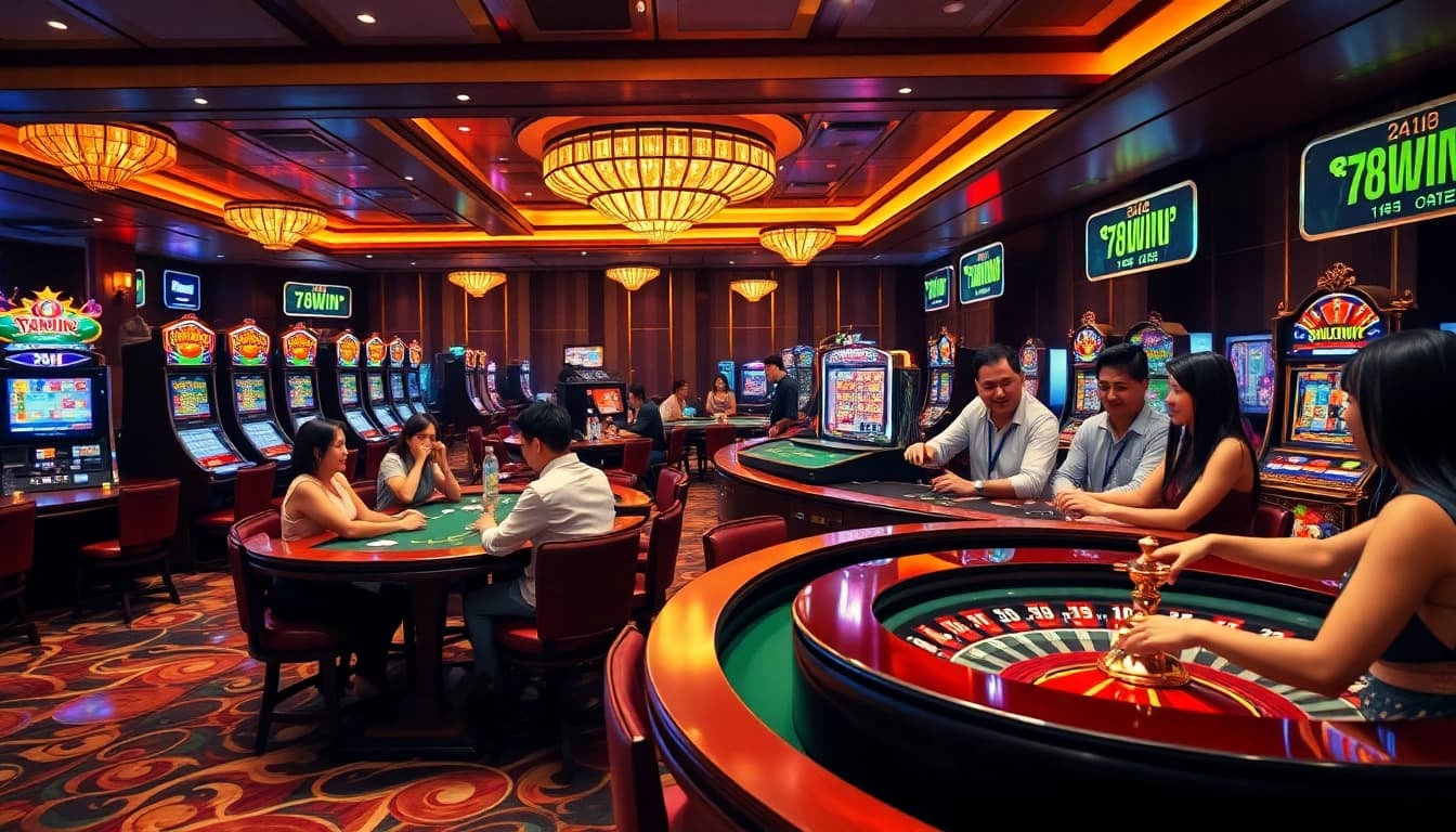 Exciting gambling action at 78WIN with vibrant casino tables and slot machines.