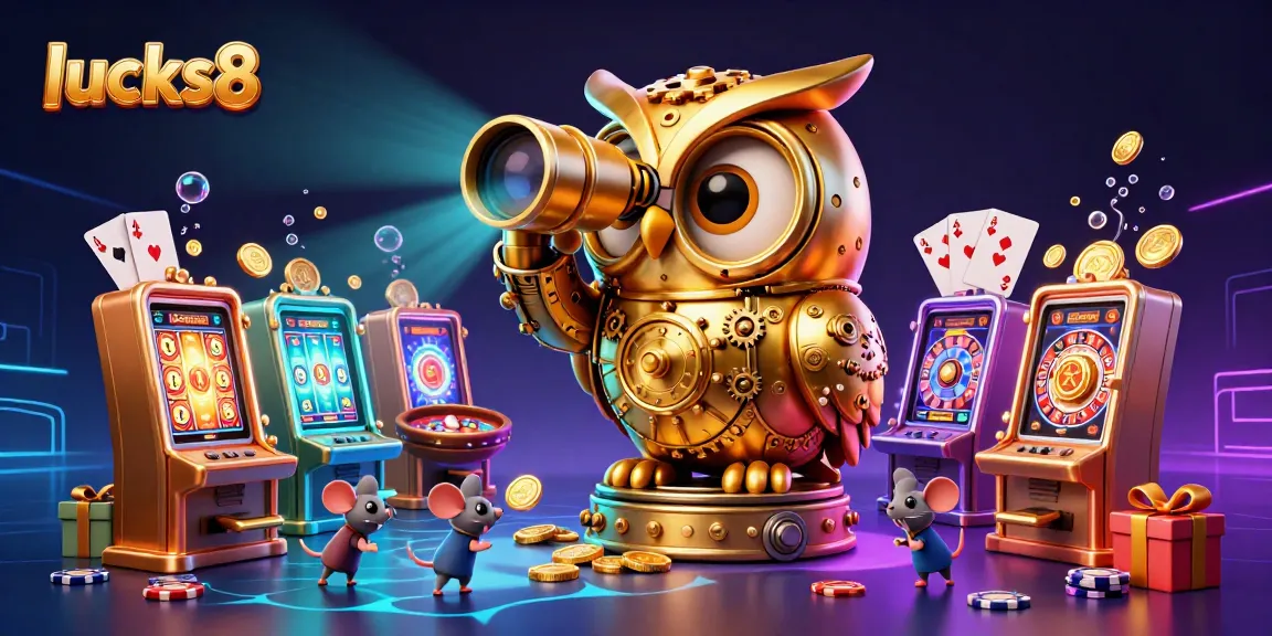 Spin vibrant slots and win at lucks8, showcasing animated golden owl and mouse patrons in a dynamic casino.