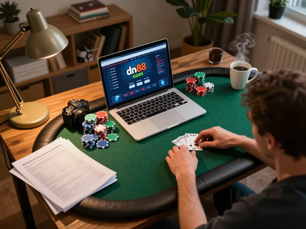 Engaging online poker setup on dn88 com with player analyzing strategies and colorful chips in view.