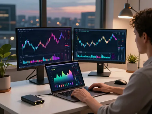 Watch live cryptocurrency market trends and DeFi performance from a modern trading desk with dual monitors and a hardware wallet.