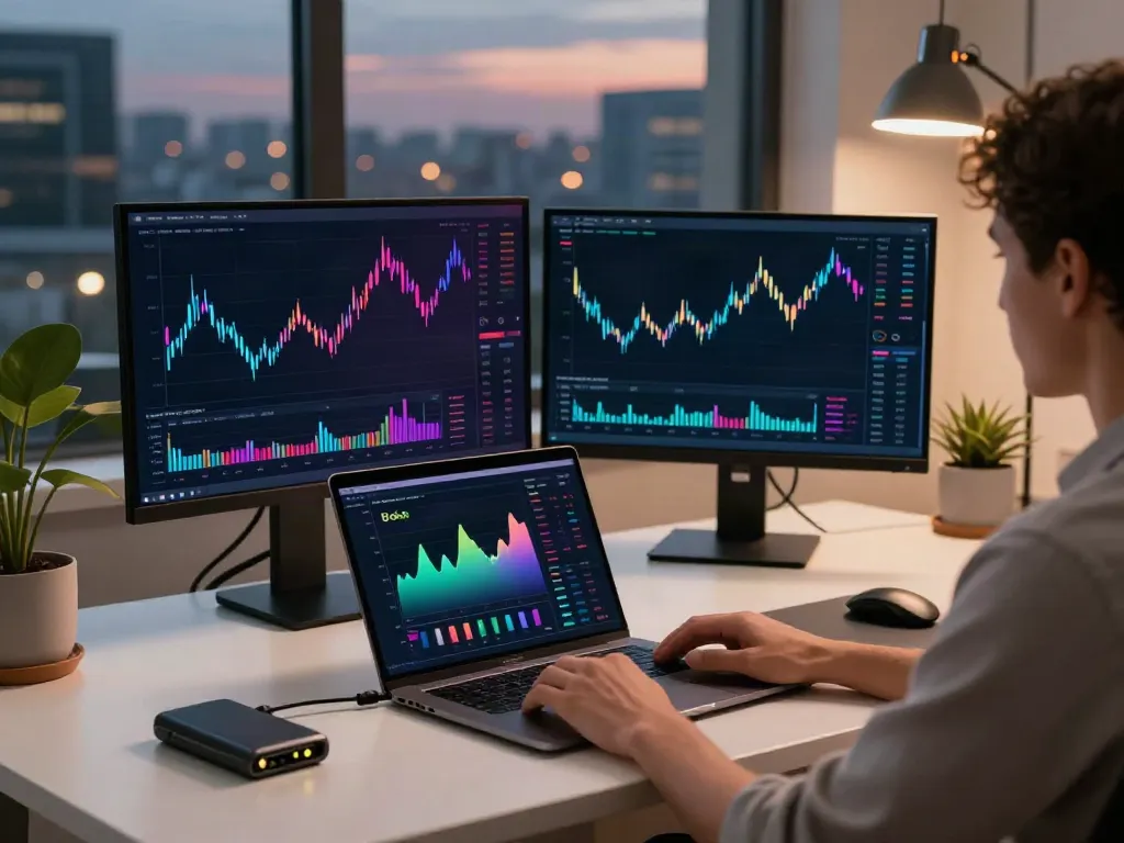 Watch live cryptocurrency market trends and DeFi performance from a modern trading desk with dual monitors and a hardware wallet.