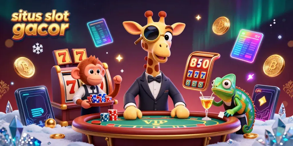 Permainan di situs slot gacor dengan jerapah, monyet, dan chameleon dalam suasana kasino yang mewah.