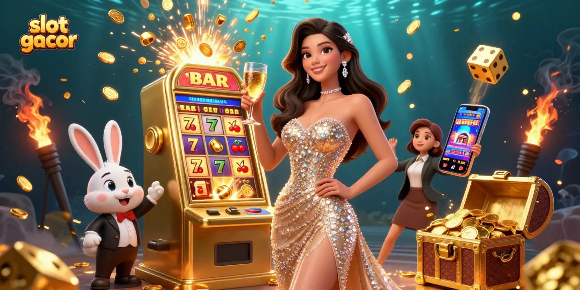 Experience thrill with slot gacor as a woman toasts next to a jackpot machine, celebrating wins!