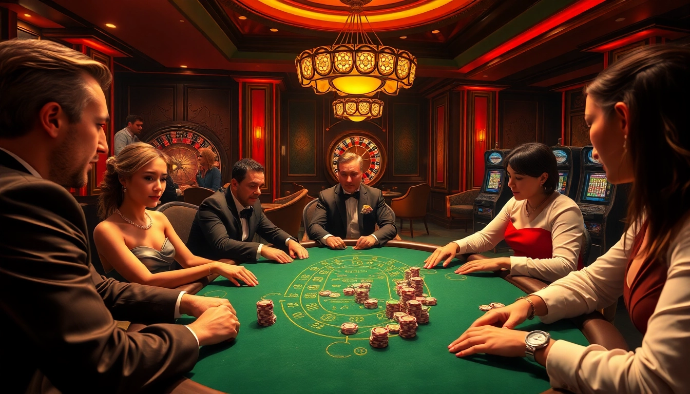 Players enjoying a high-stakes poker game in a luxurious casino with OK8386 atmosphere.