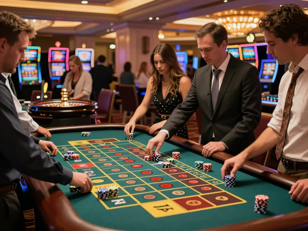 Players placing bets at SC88 casino's roulette table in a lively upscale setting