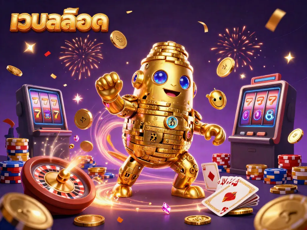 Engage with เว็บสล็อต as a cartoon golden golem showcases casino excitement with cascading coins and slot machine symbols.