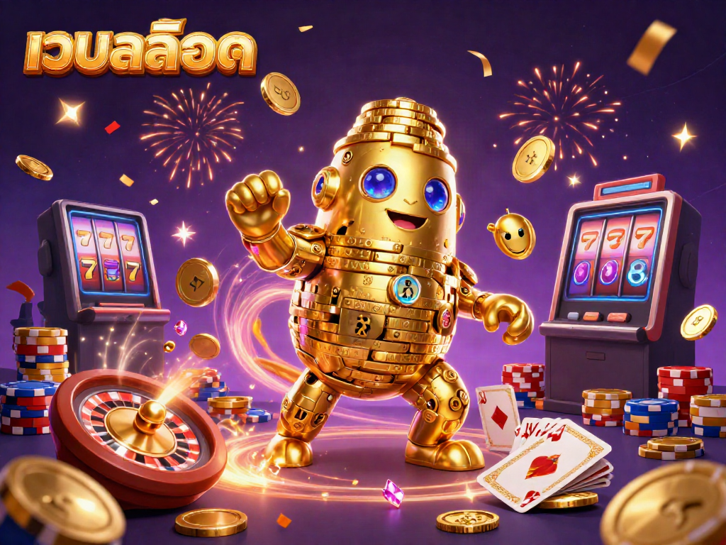 Engage with เว็บสล็อต as a cartoon golden golem showcases casino excitement with cascading coins and slot machine symbols.