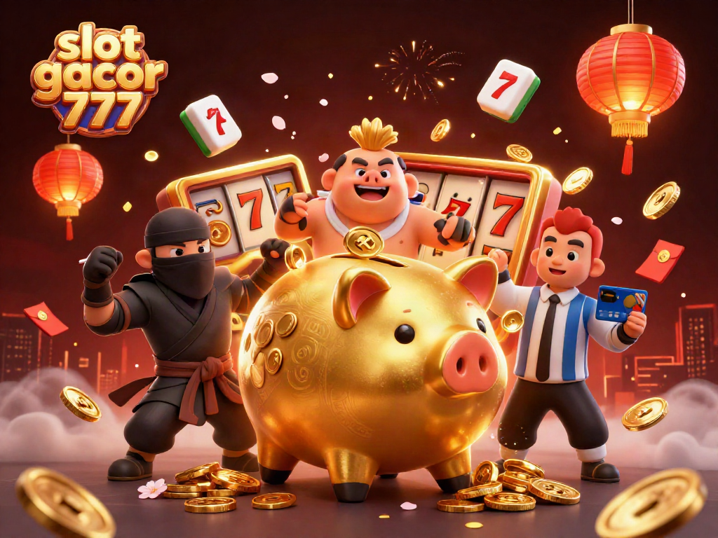 Visualisasi kegiatan slot gacor 777 dengan karakter kartun unik dan elemen permainan yang memukau.