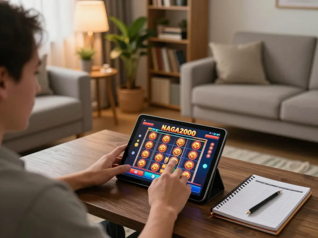 NAGA2000 player immerses in strategic slot gameplay at home, emphasizing responsible gambling.