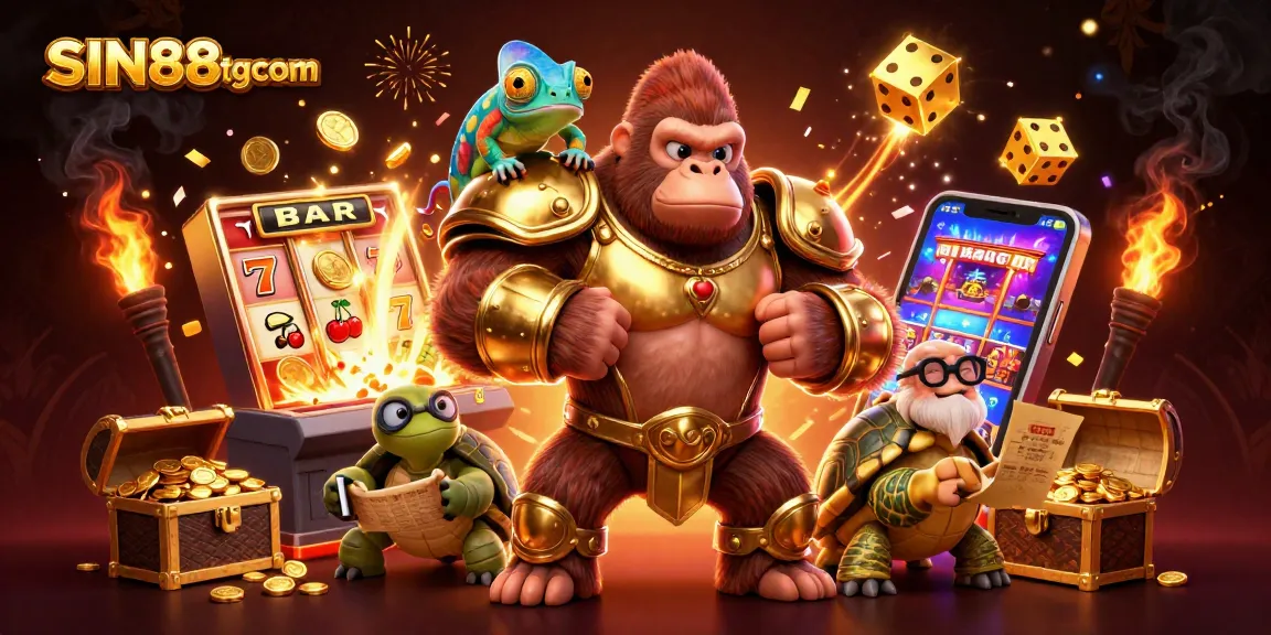 Engage with the vibrant excitement of SIN88tgcom showcasing a gorilla king in battle armor amidst a jackpot explosion.